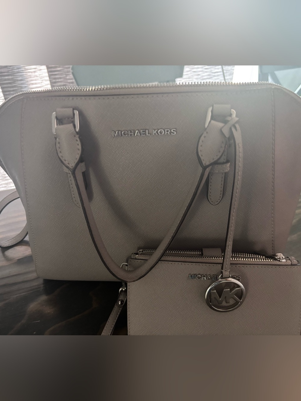 Michael Kors Gray Saffiano Leather Satchel with Wristlet